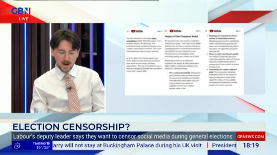 Broadcast still at 19m. GB News, New: Dewbs & Co, 6 July 2026.