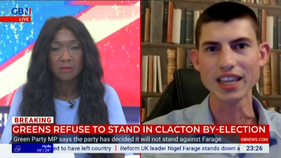 Broadcast still at 26m. GB News, New: Patrick Christys Tonight Late..., 7 July 2026.