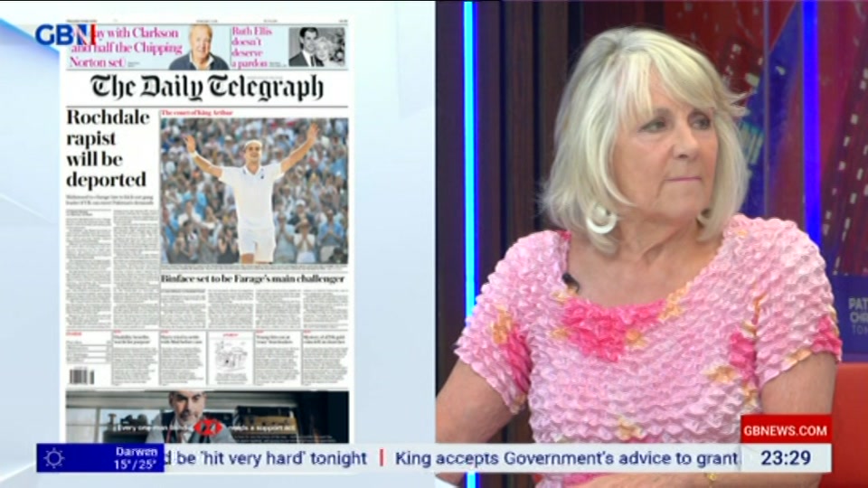 Broadcast still at 29m. GB News, New: Patrick Christys Tonight Late..., 8 July 2026.