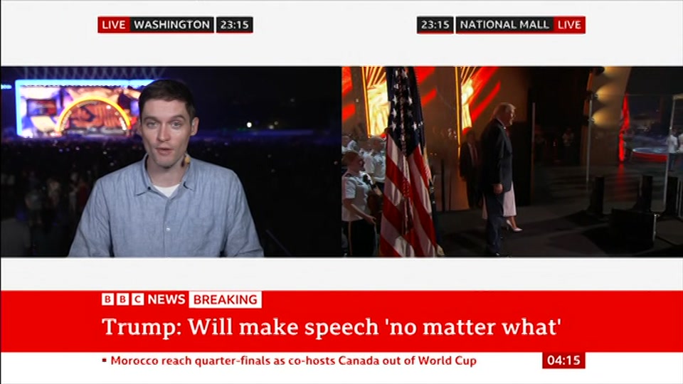 Broadcast still at 15m. BBC NEWS, BBC News, 5 July 2026.