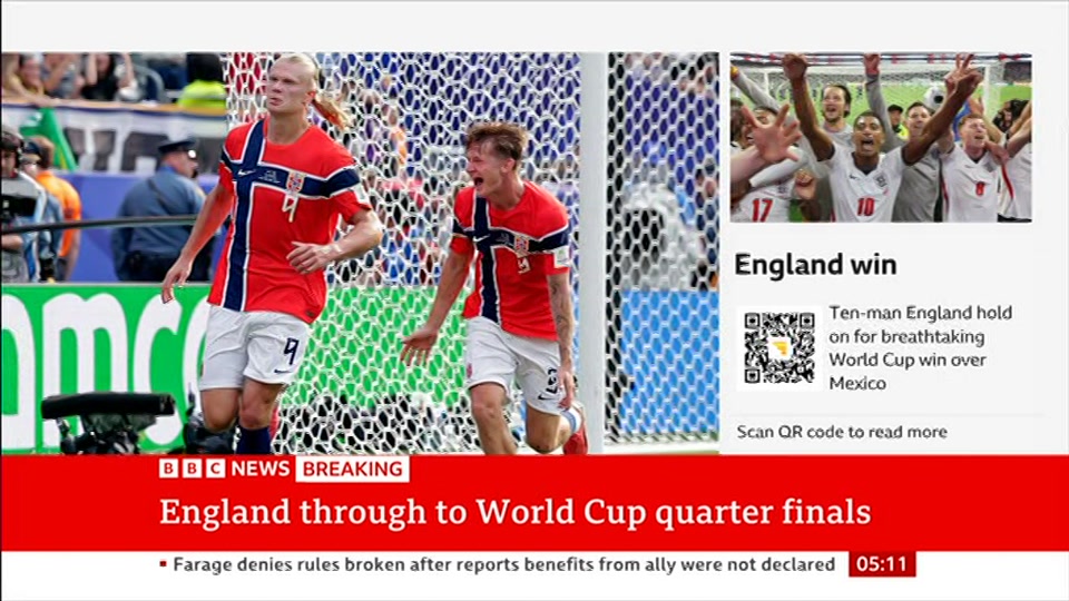 Broadcast still at 11m. BBC NEWS, BBC News, 6 July 2026.