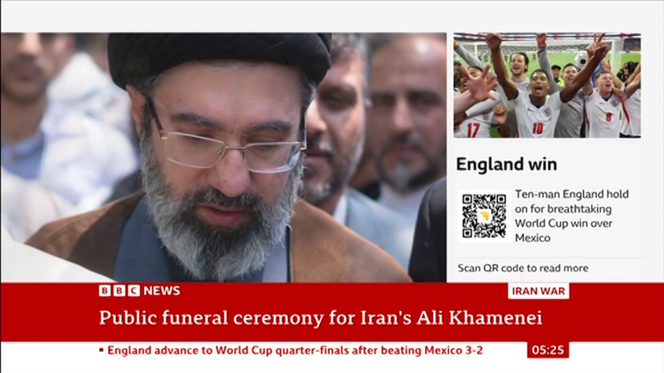 Broadcast still at 25m. BBC NEWS, BBC News, 6 July 2026.