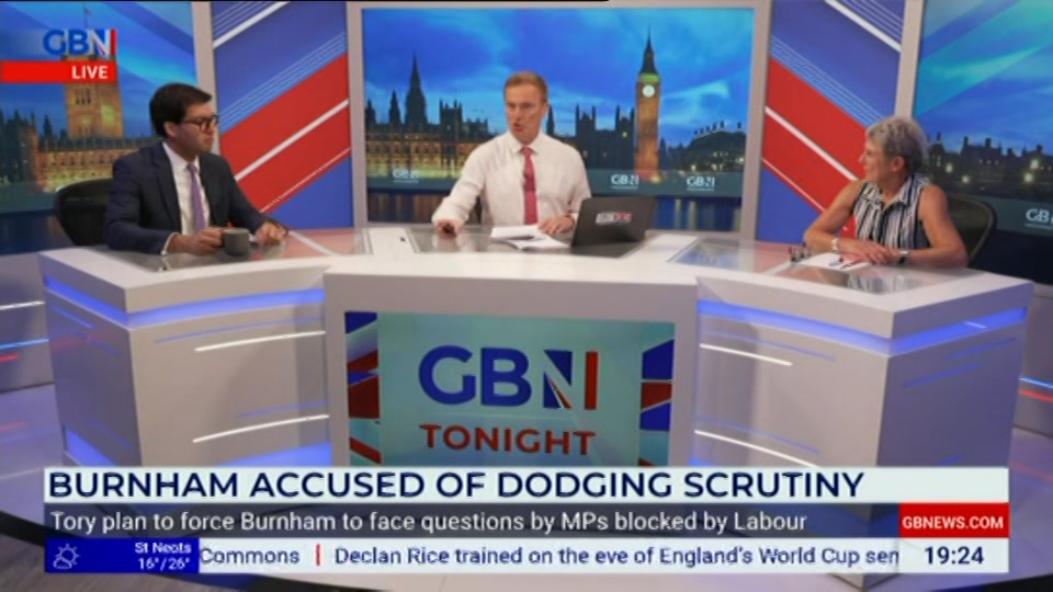 Broadcast still at 24m. GB News, New: GBN Tonight, 14 July 2026.