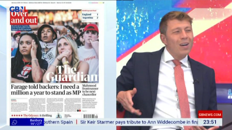 Broadcast still at 51m. GB News, New: Patrick Christys Tonight Late..., 15 July 2026.