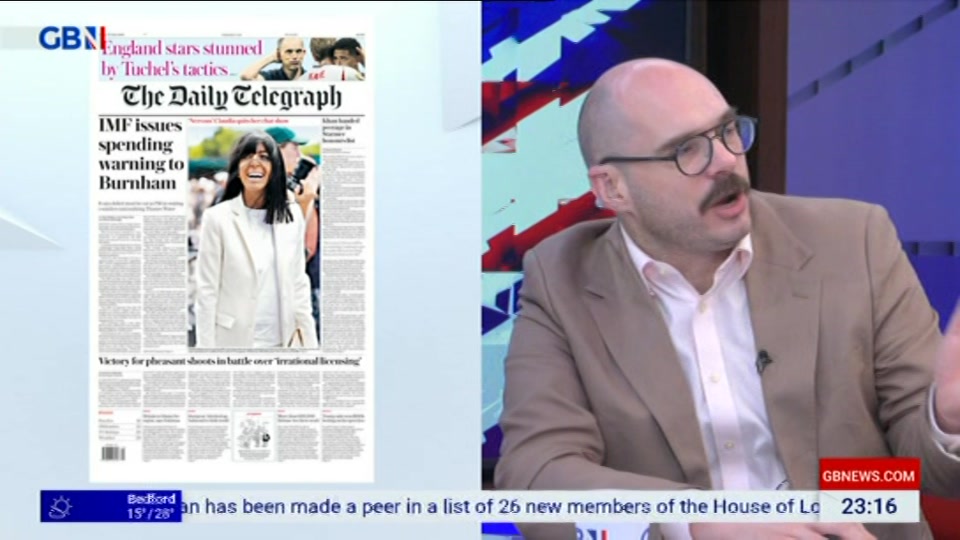 Broadcast still at 16m. GB News, New: Patrick Christys Tonight Late..., 16 July 2026.