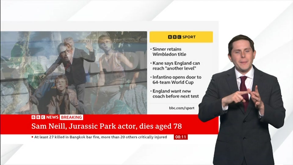 Broadcast still at 11m. BBC NEWS, Signed: BBC News, 13 July 2026.