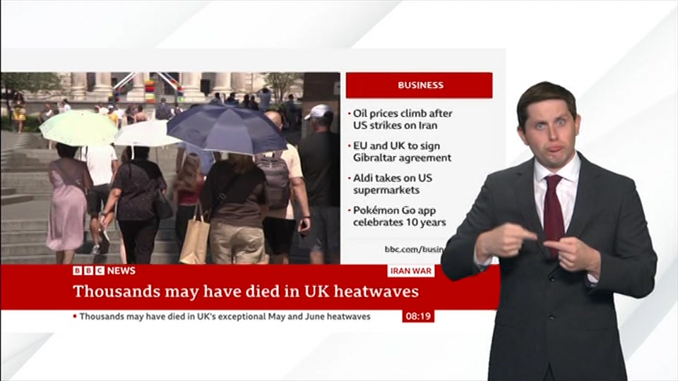 Broadcast still at 19m. BBC NEWS, Signed: BBC News, 13 July 2026.