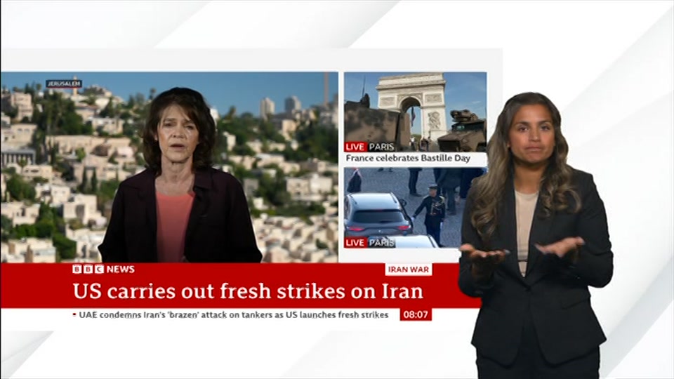 Broadcast still at 7m. BBC NEWS, Signed: BBC News, 14 July 2026.