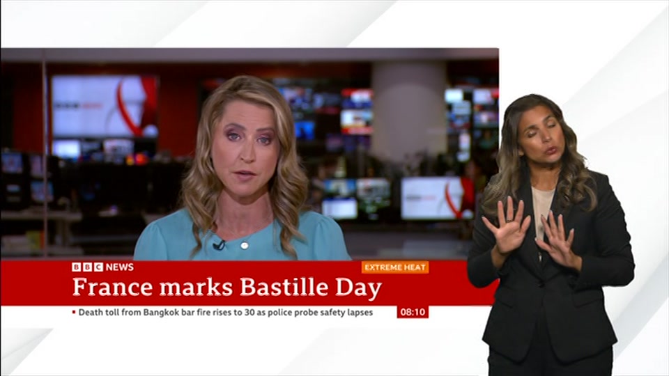 Broadcast still at 10m. BBC NEWS, Signed: BBC News, 14 July 2026.