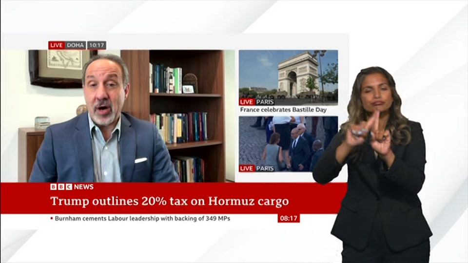 Broadcast still at 17m. BBC NEWS, Signed: BBC News, 14 July 2026.