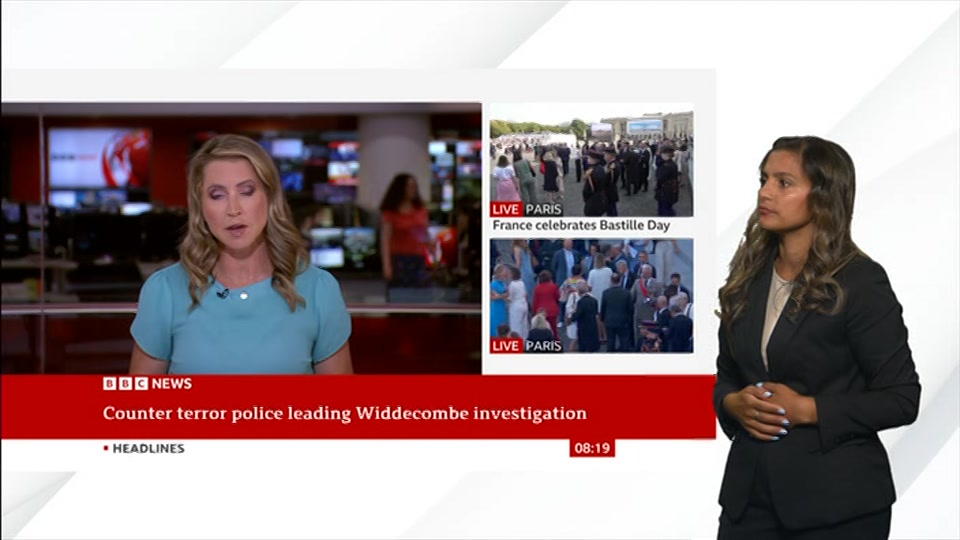 Broadcast still at 19m. BBC NEWS, Signed: BBC News, 14 July 2026.