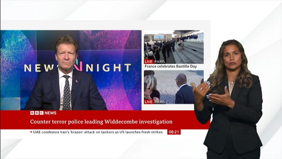 Broadcast still at 21m. BBC NEWS, Signed: BBC News, 14 July 2026.