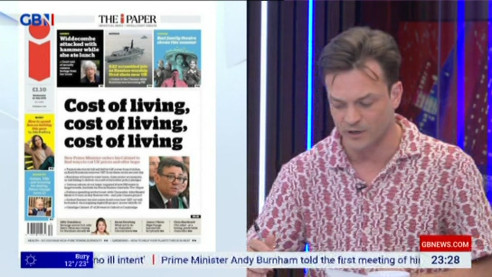 Broadcast still at 28m. GB News, New: Patrick Christys Tonight Late..., 21 July 2026.