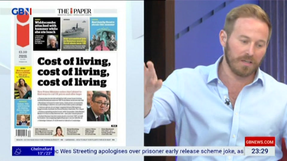Broadcast still at 29m. GB News, New: Patrick Christys Tonight Late..., 21 July 2026.