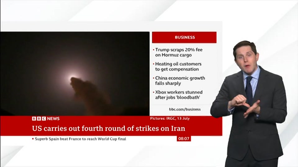 Broadcast still at 7m. BBC NEWS, Signed: BBC News, 15 July 2026.
