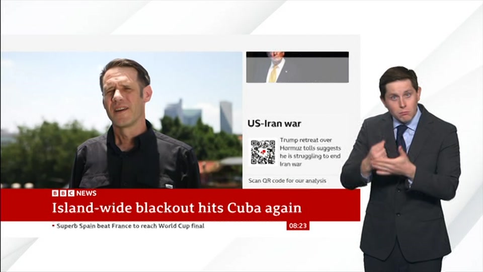 Broadcast still at 23m. BBC NEWS, Signed: BBC News, 15 July 2026.