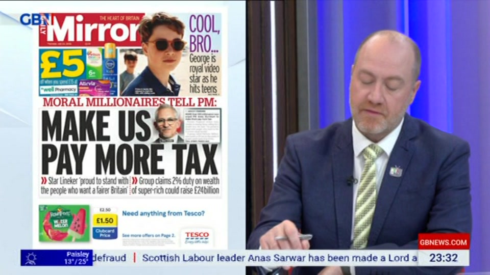 Broadcast still at 32m. GB News, New: Patrick Christys Tonight Late..., 22 July 2026.