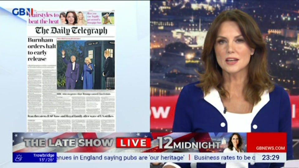 Broadcast still at 29m. GB News, New: Patrick Christys Tonight Late..., 23 July 2026.