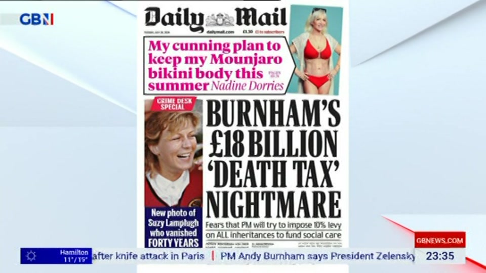 Broadcast still at 35m. GB News, New: Patrick Christys Tonight Late..., 28 July 2026.