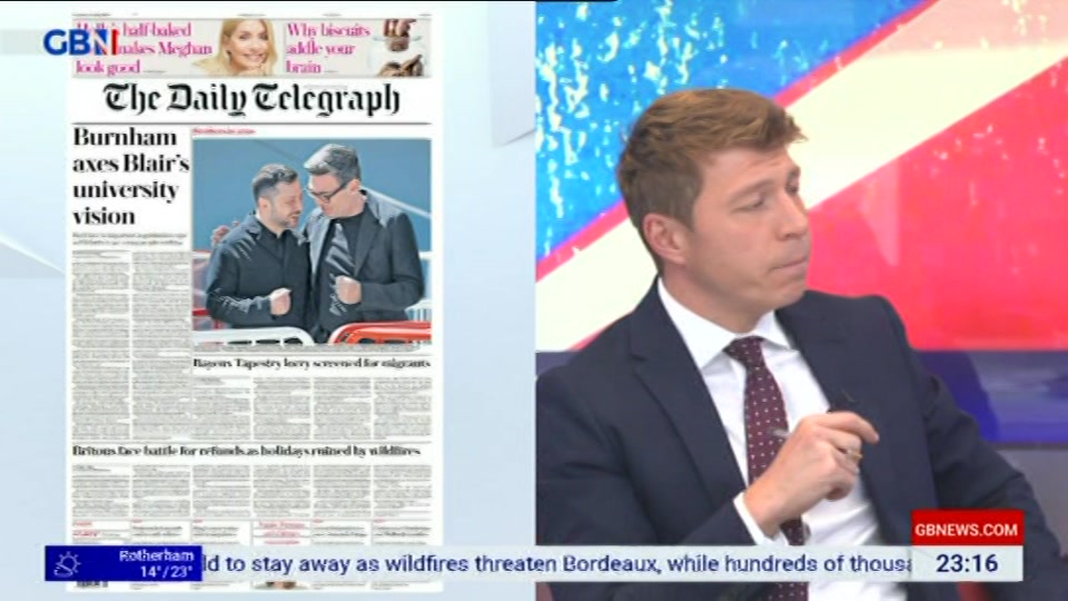 Broadcast still at 16m. GB News, New: Patrick Christys Tonight Late..., 29 July 2026.