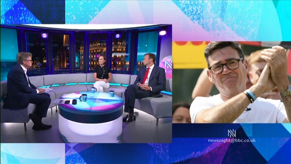 Broadcast still at 6m. BBC Two, Newsnight, followed by Weather, 1 July 2026.