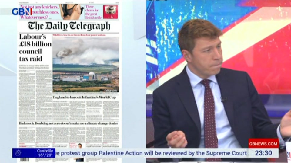 Broadcast still at 30m. GB News, New: Patrick Christys Tonight Late..., 30 July 2026.
