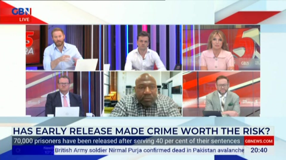 Broadcast still at 40m. GB News, New: The Saturday Five Extra, 1 August 2026.