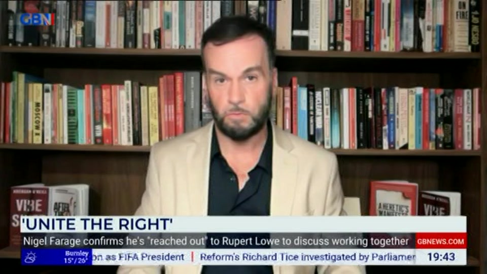 Broadcast still at 43m. GB News, New: GBN Tonight, 3 August 2026.