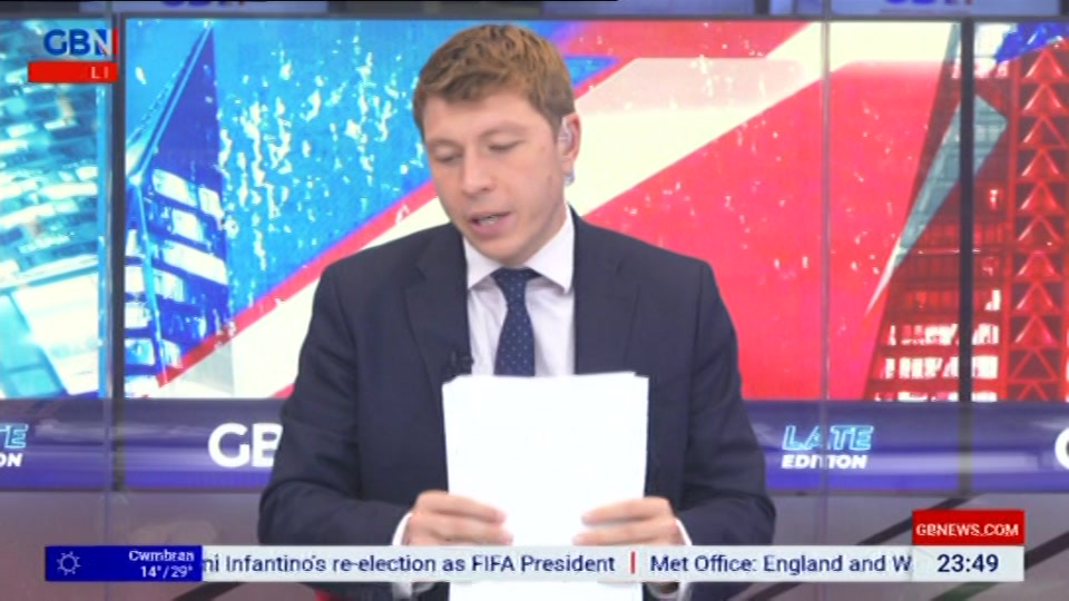 Broadcast still at 49m. GB News, New: Patrick Christys Tonight Late..., 3 August 2026.