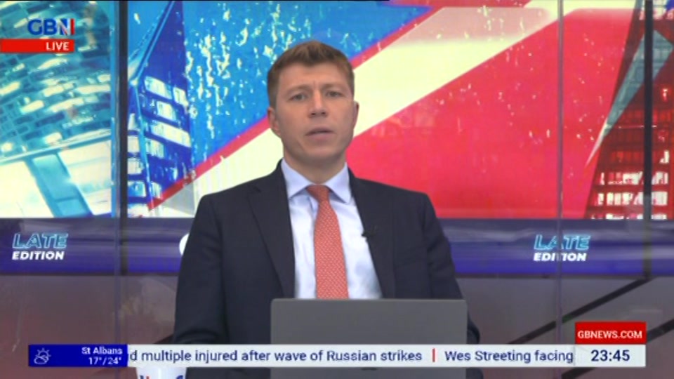 Broadcast still at 45m. GB News, New: Patrick Christys Tonight Late..., 5 August 2026.