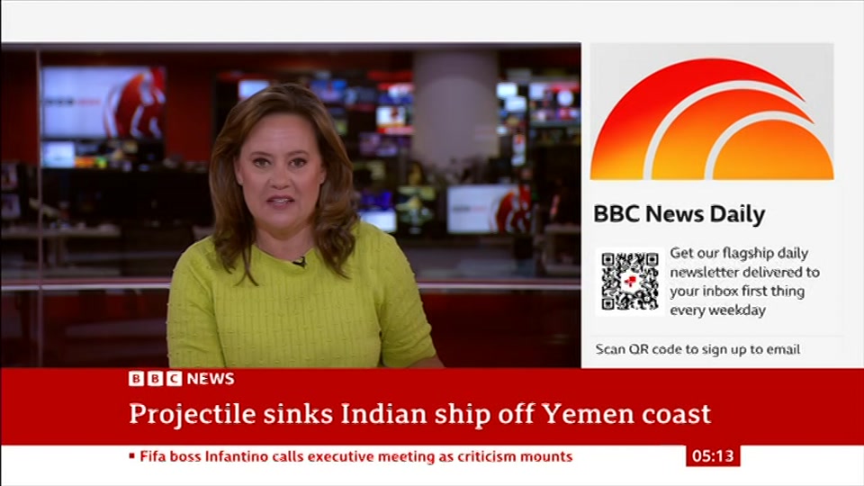 Broadcast still at 13m. BBC News, 5 August 2026.