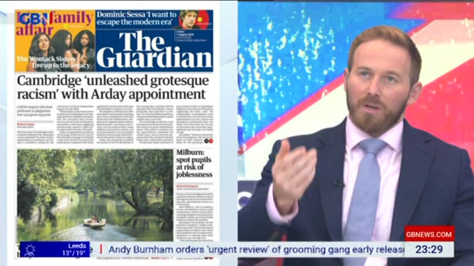 Broadcast still at 29m. GB News, New: Patrick Christys Tonight Late..., 6 August 2026.