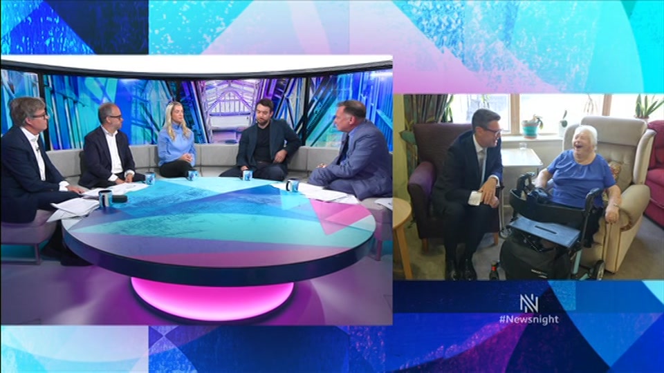 Broadcast still at 27m. BBC TWO, Newsnight, followed by Weather, 6 August 2026.