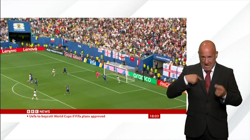 Broadcast still at 3m. BBC NEWS, Signed: BBC News at Six, 30 July 2026.