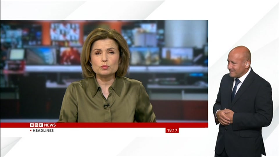 Broadcast still at 17m. BBC NEWS, Signed: BBC News at Six, 3 August 2026.