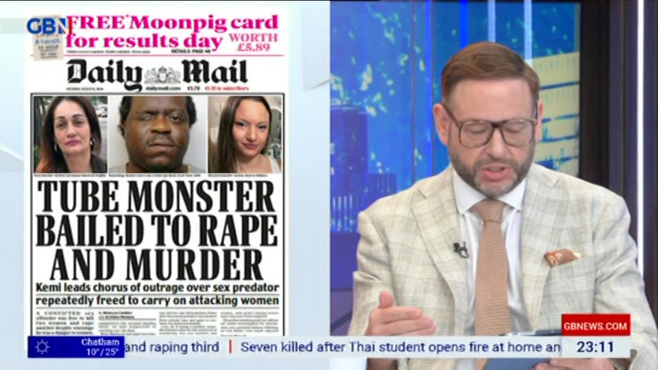 Broadcast still at 11m. GB News, New: Patrick Christys Tonight Late..., 7 August 2026.