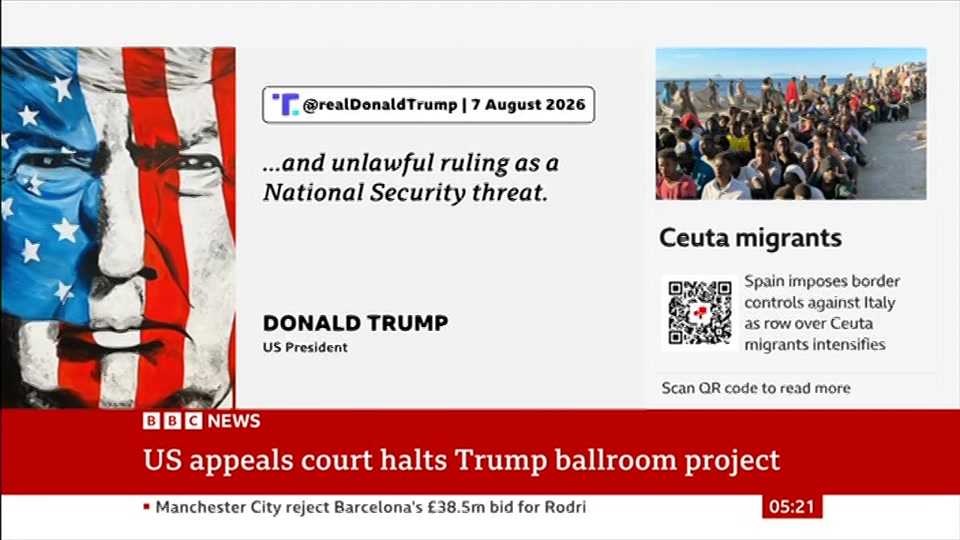 Broadcast still at 21m. BBC NEWS, BBC News, 8 August 2026.