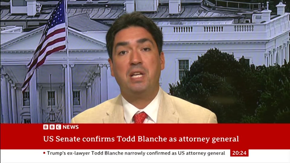Broadcast still at 24m. BBC NEWS, BBC News, 8 August 2026.