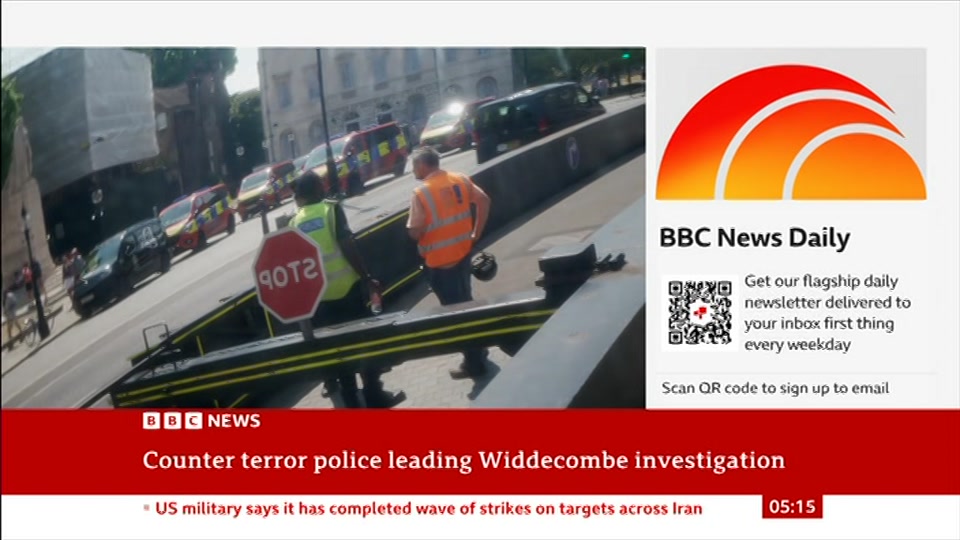 Broadcast still at 15m. BBC NEWS, BBC News, 14 July 2026.
