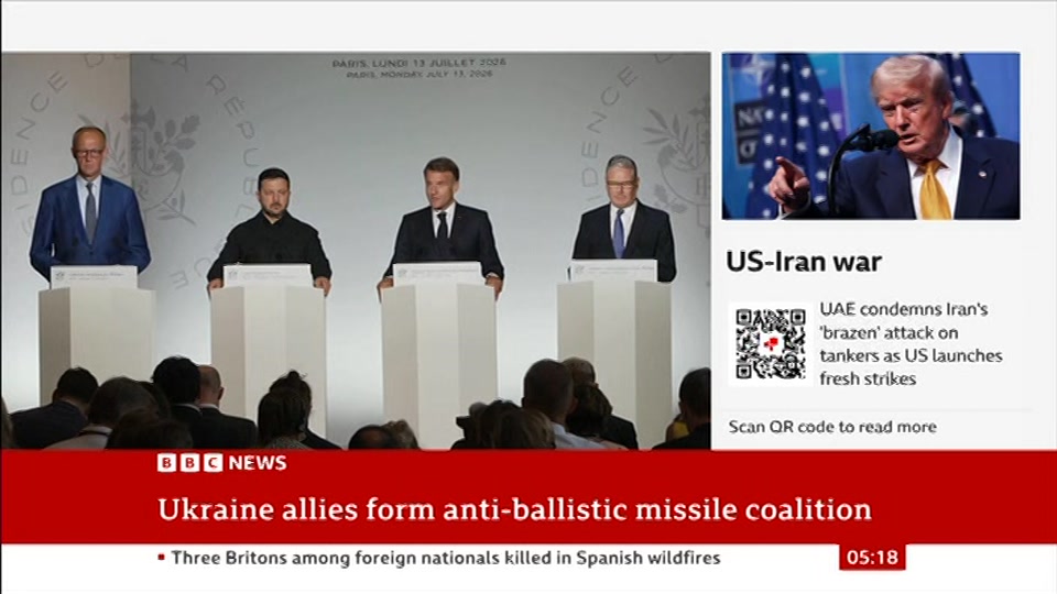 Broadcast still at 18m. BBC NEWS, BBC News, 14 July 2026.