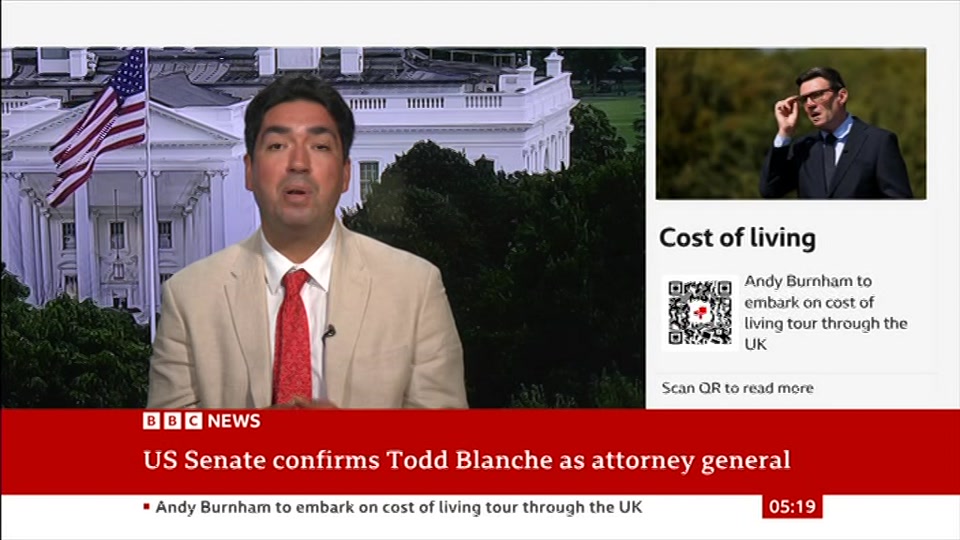 Broadcast still at 19m. BBC NEWS, BBC News, 9 August 2026.