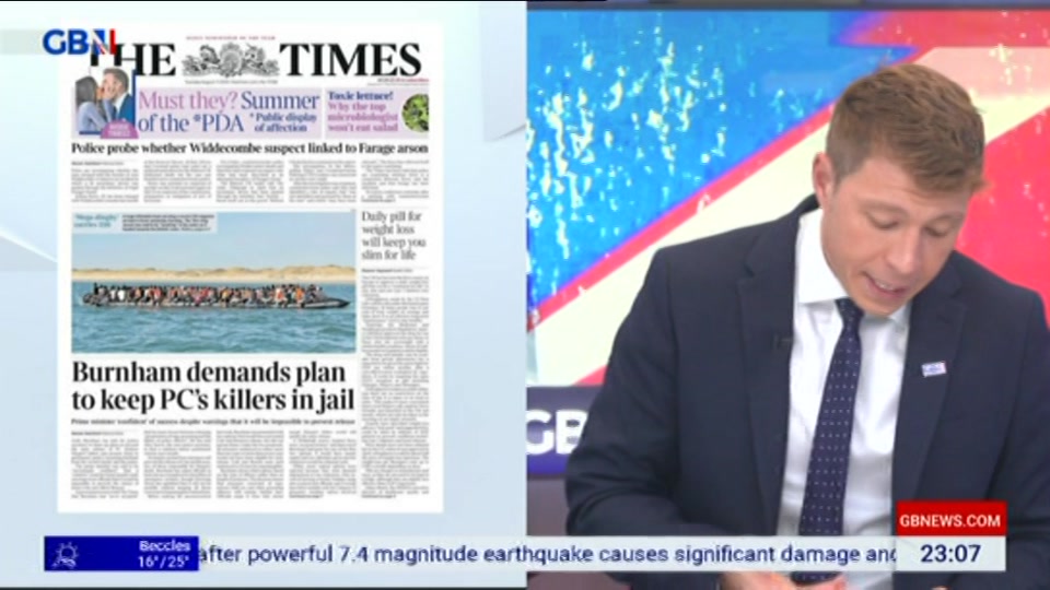 Broadcast still at 7m. GB News, New: Patrick Christys Tonight Late..., 10 August 2026.