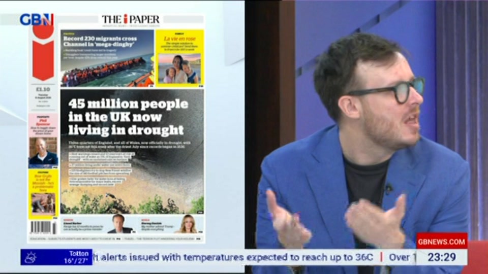 Broadcast still at 29m. GB News, New: Patrick Christys Tonight Late..., 10 August 2026.