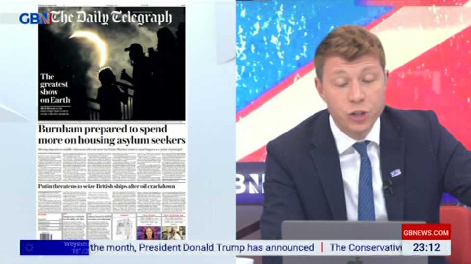 Broadcast still at 12m. GB News, New: Patrick Christys Tonight Late..., 12 August 2026.
