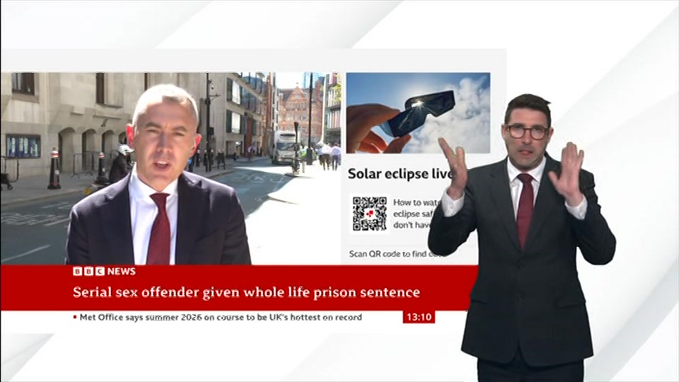 Broadcast still at 10m. BBC NEWS, Signed: BBC News Now, 12 August 2026.