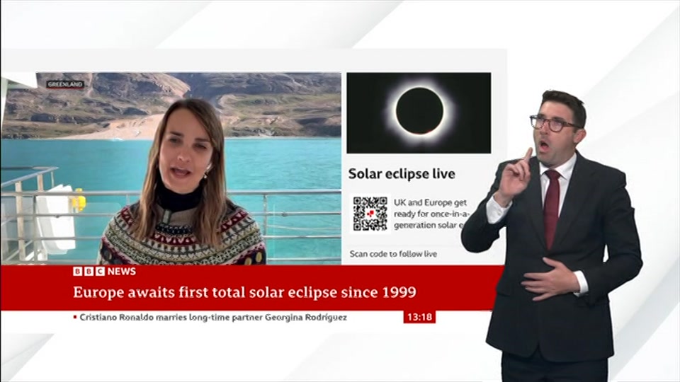 Broadcast still at 18m. BBC NEWS, Signed: BBC News Now, 12 August 2026.