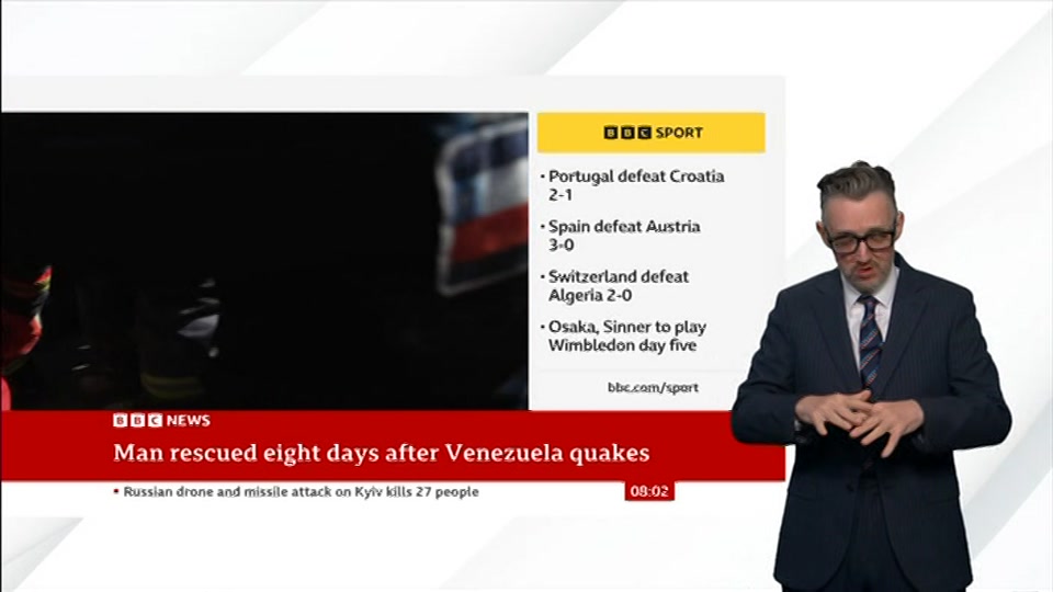 Broadcast still at 3m. BBC NEWS, Signed: BBC News, 3 July 2026.