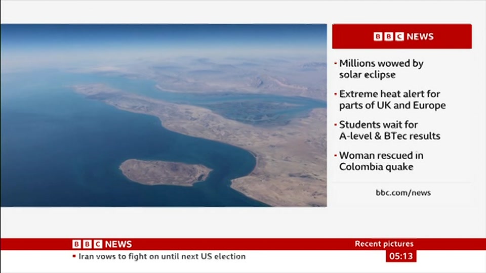 Broadcast still at 13m. BBC NEWS, BBC News, 13 August 2026.