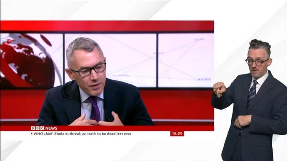Broadcast still at 25m. BBC NEWS, Signed: BBC News at Six, 13 August 2026.