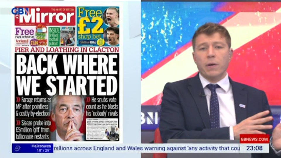 Broadcast still at 8m. GB News, New: Patrick Christys Tonight Late..., 14 August 2026.